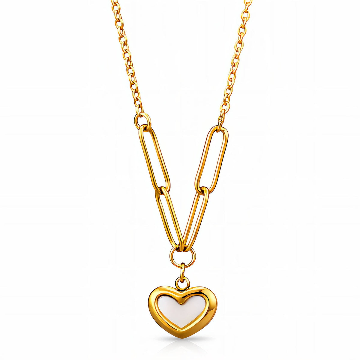 White Heart Necklace, 18K Gold Plated Steel