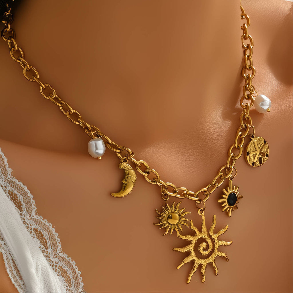 "Crescent And Sun" Necklace, 18K Gold Plated Steel